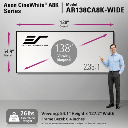Elite Screens Aeon CineWhite A8K Series screen 138" 2.35:1 Ratio with dimensions and features displayed on a gray background. 