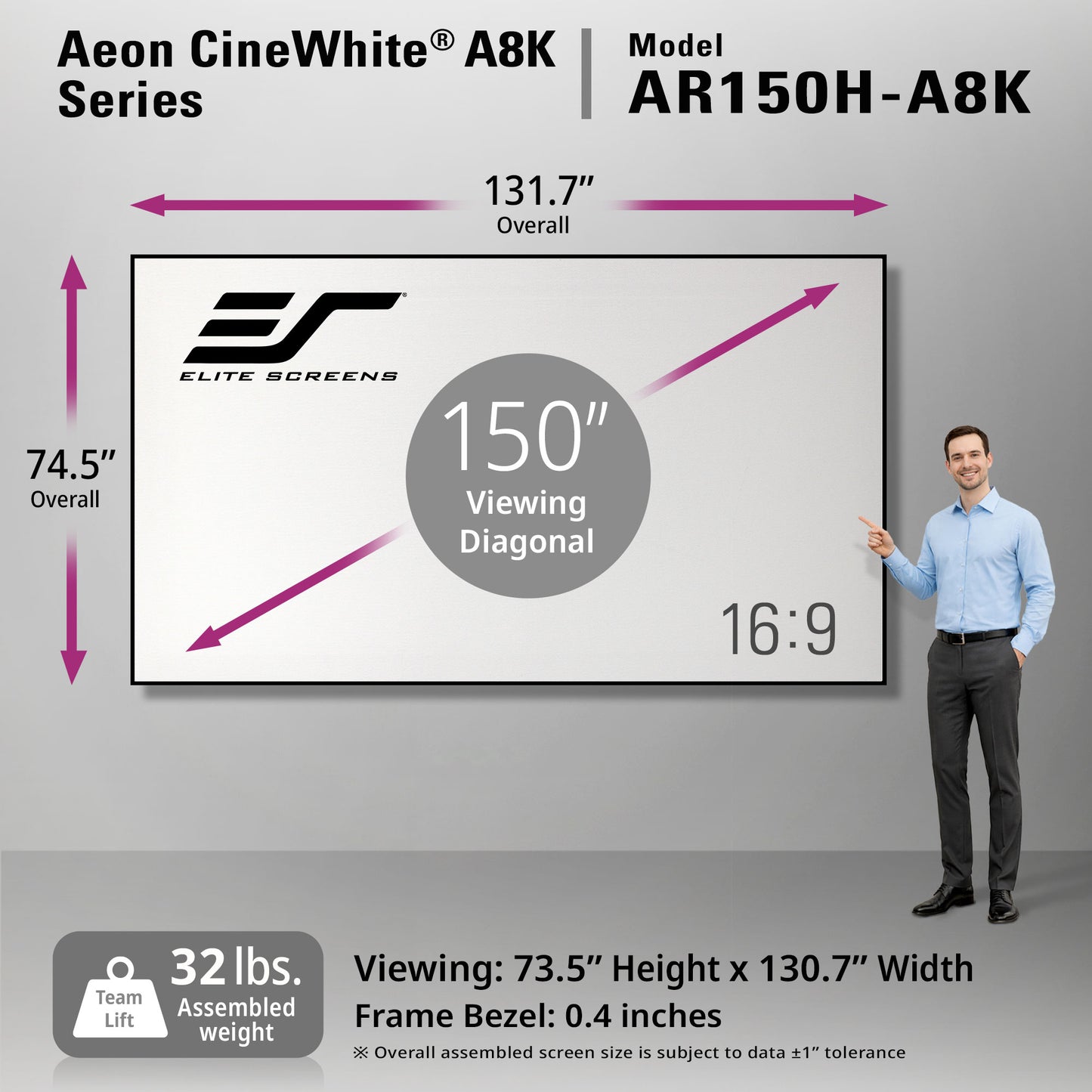 Elite Screens Aeon CineWhite A8K Series screen 150" with dimensions and features displayed on a gray background.