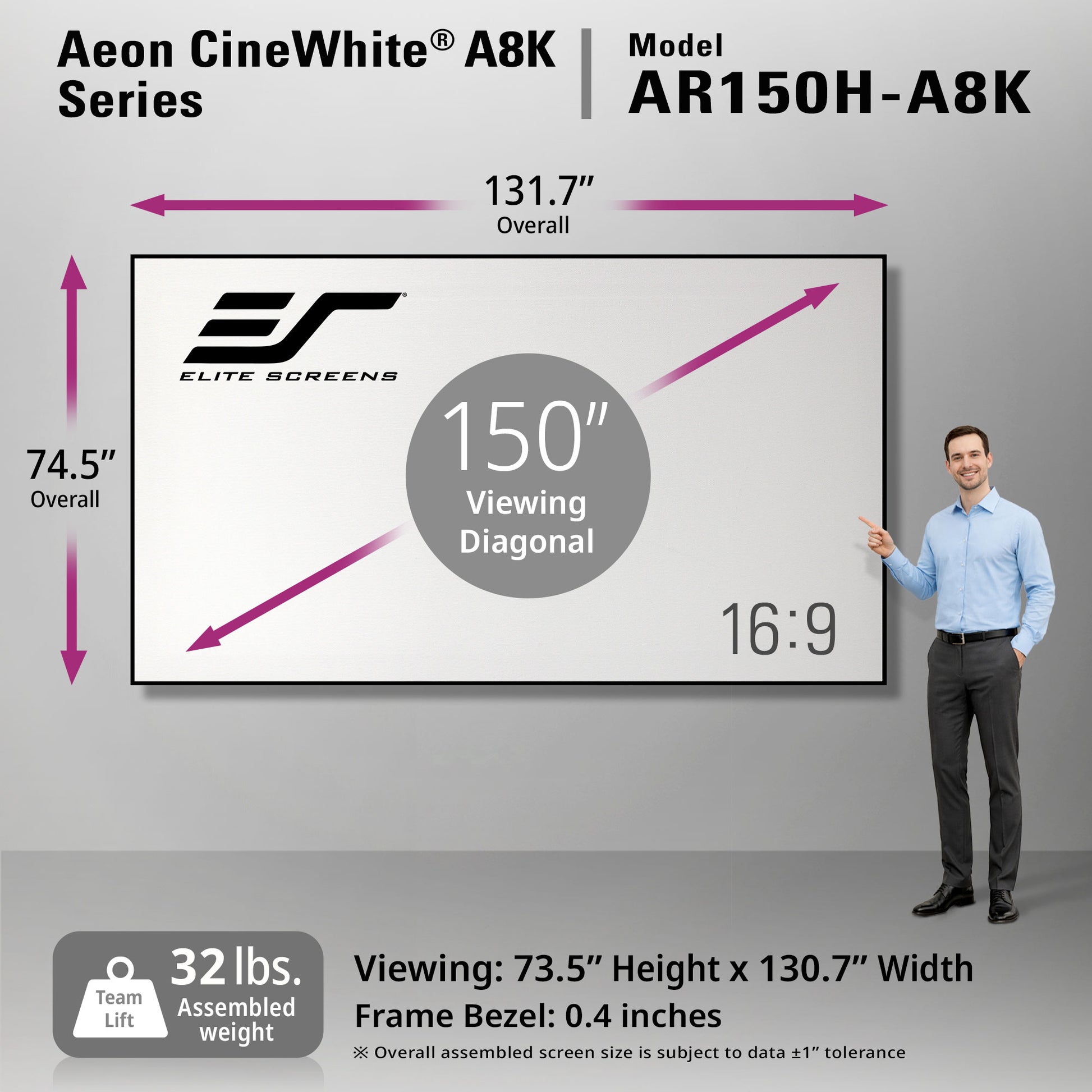 Elite Screens Aeon CineWhite A8K Series screen 150" with dimensions and features displayed on a gray background.