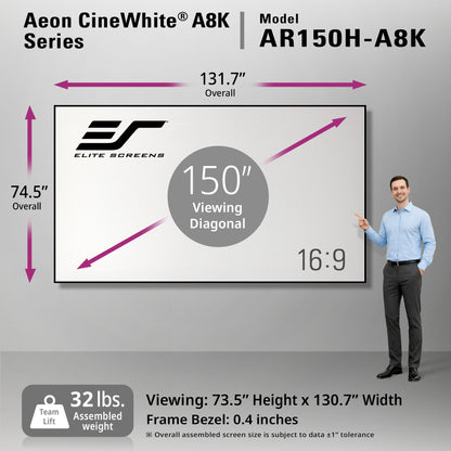 Elite Screens Aeon CineWhite A8K Series screen 150" with dimensions and features displayed on a gray background.