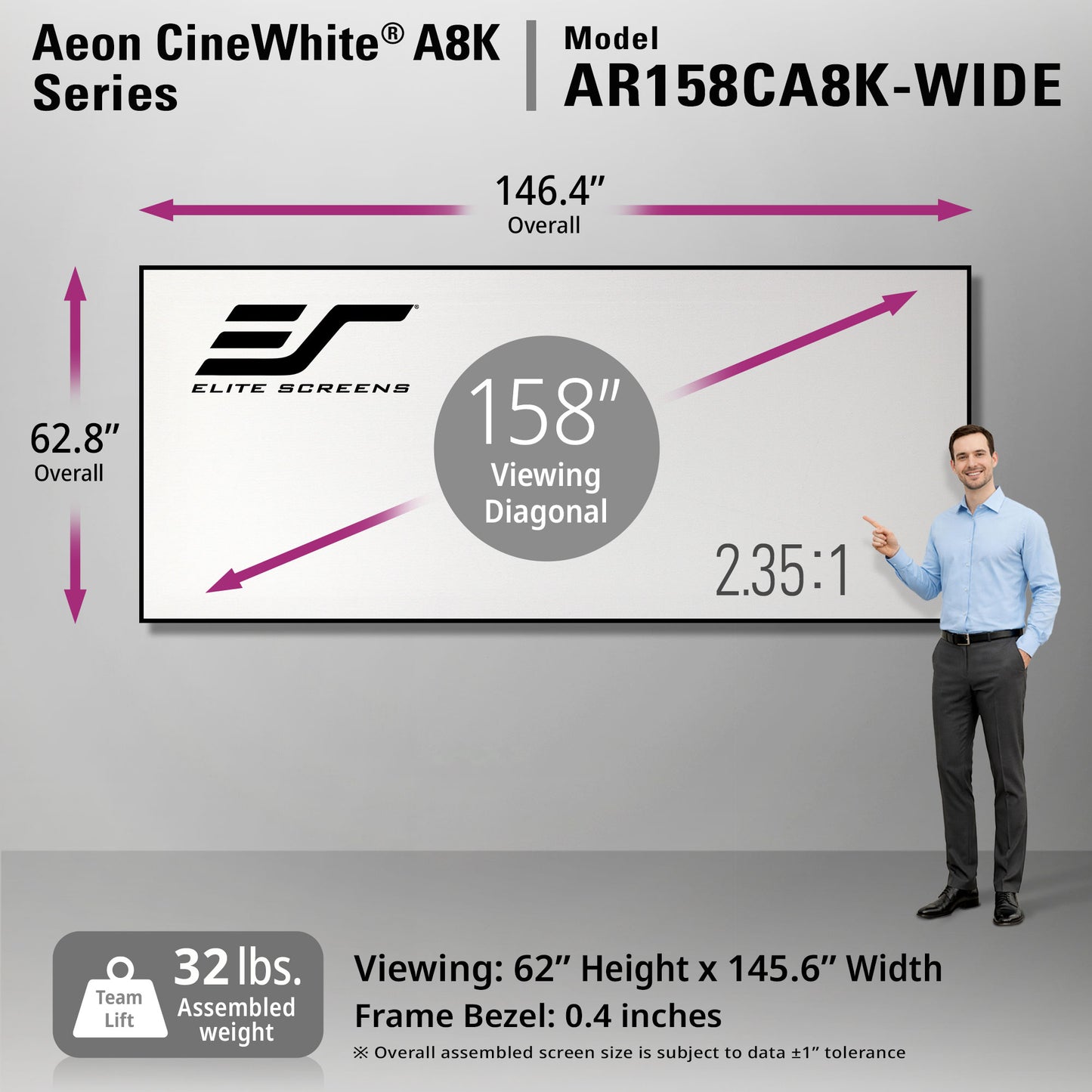 Elite Screens Aeon CineWhite A8K Series 158" display with specifications and a person pointing at it.