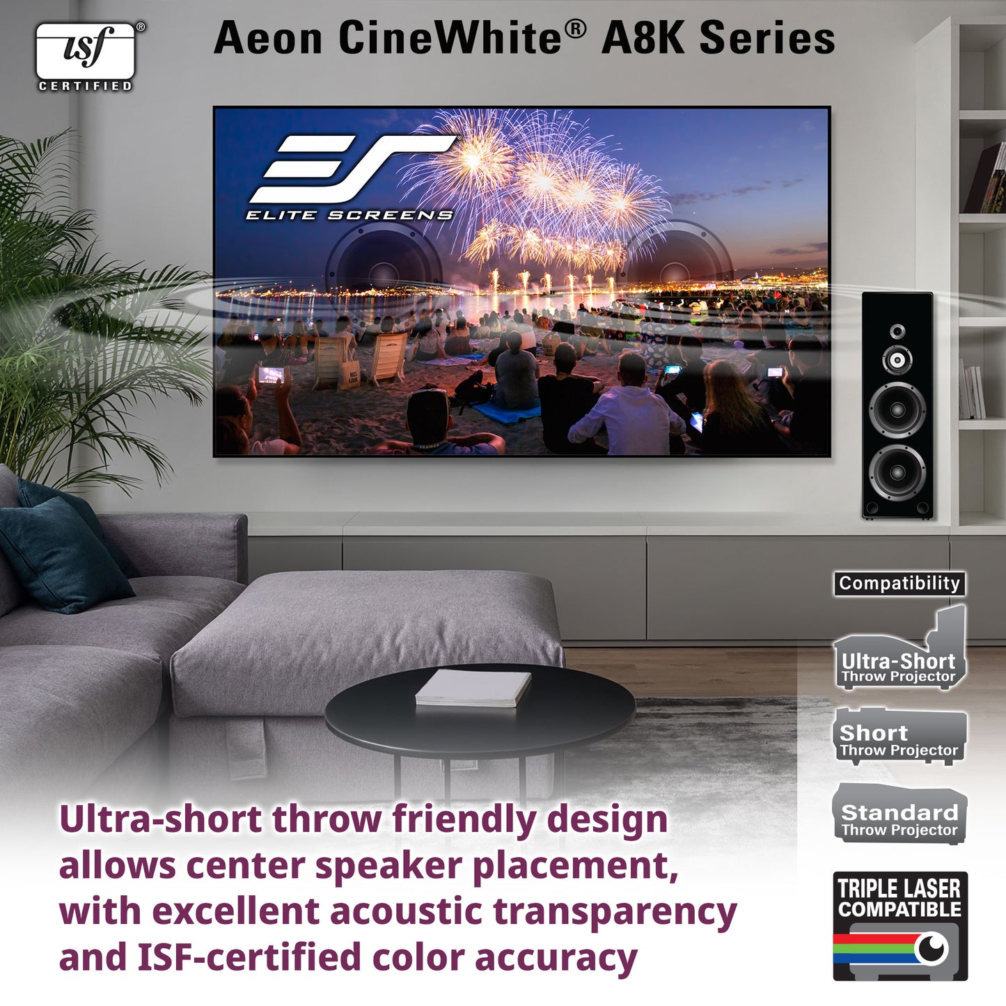 Living room setup with a large screen displaying fireworks, speakers on either side, and text about Aeon CineWhite A8K Series.