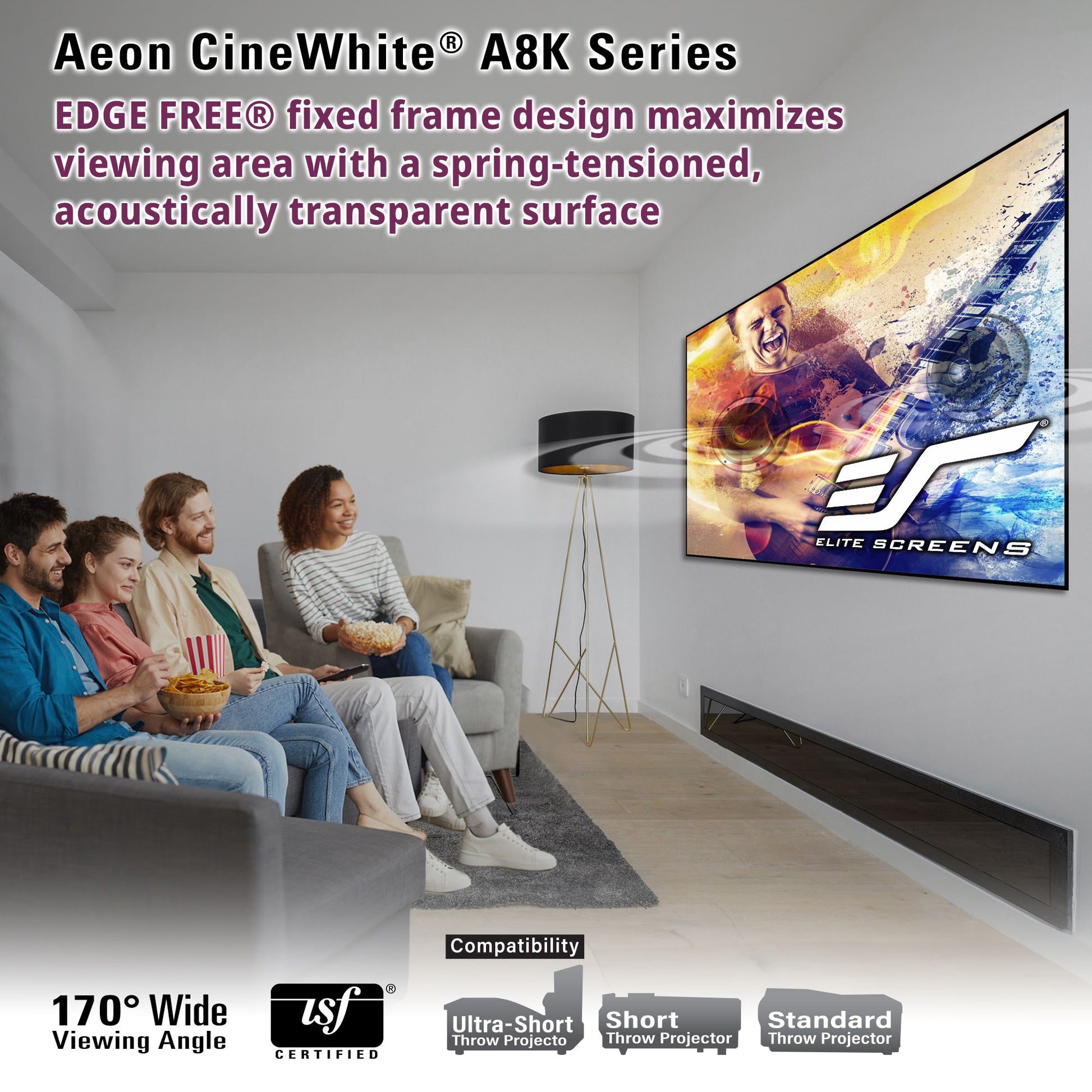 Living room with people watching a movie on a large screen, featuring Aeon CineWhite A8K Series technology.