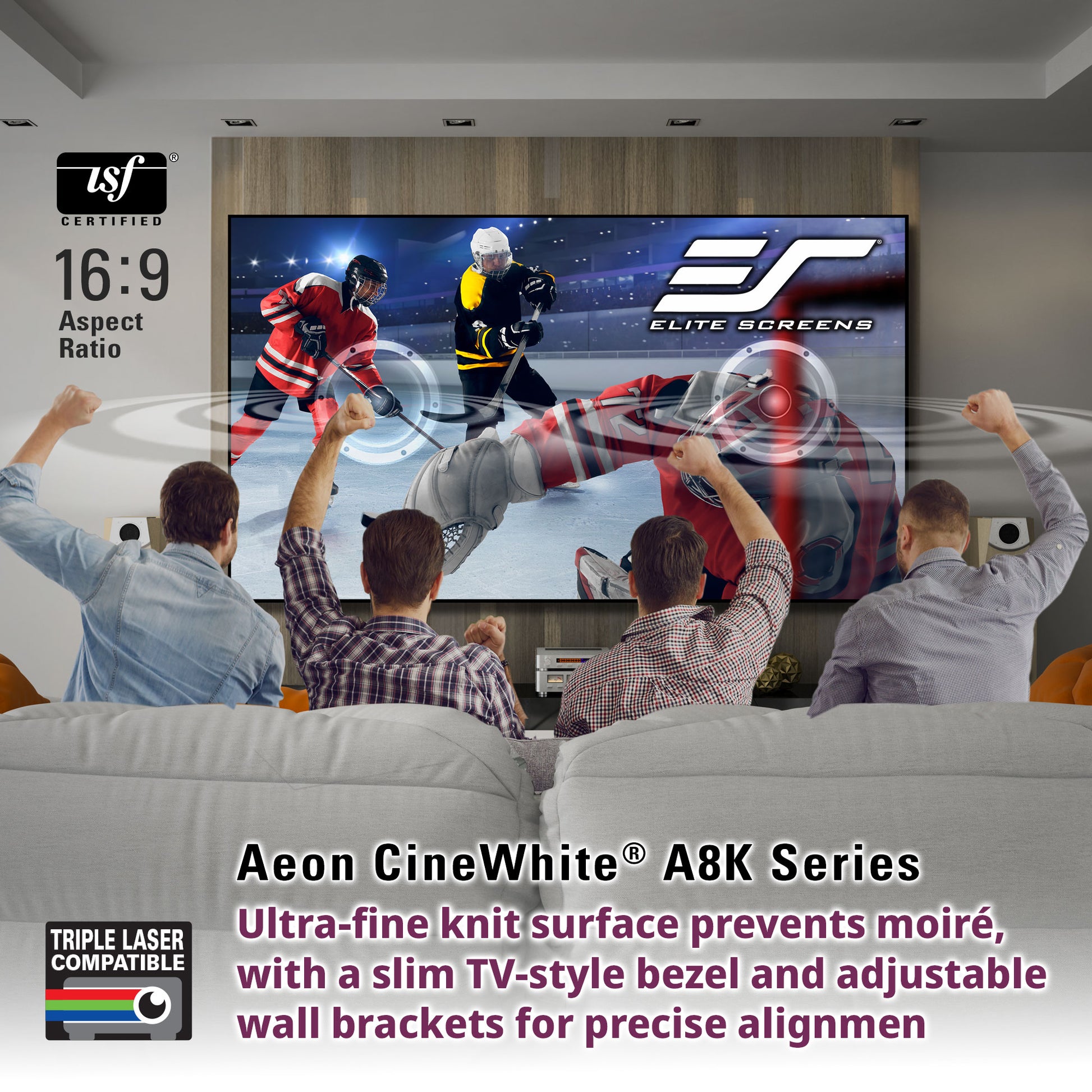 People watching a hockey game on a large screen with Elite Screens  branding. Aeon CineWhite 8K projector screen