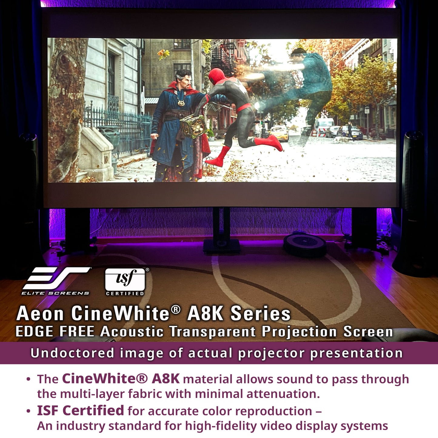 Projector screen displaying a superhero scene with branding and text about Aeon CineWhite A8K Series.