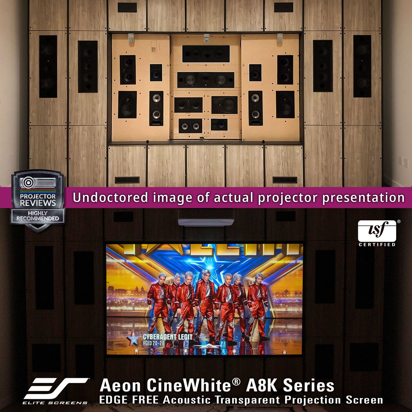 Acoustic transparent projection screen with speakers and certification logos displayed.
