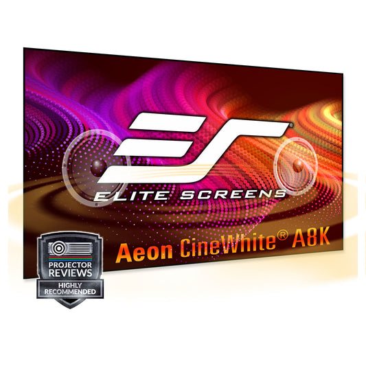Elite Screens Aeon CineWhite A8K projector screen with colorful background