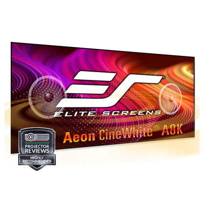 Elite Screens Aeon CineWhite 8K projector screen 2.35:1 Ratio with brand logo and certification badge on a white background