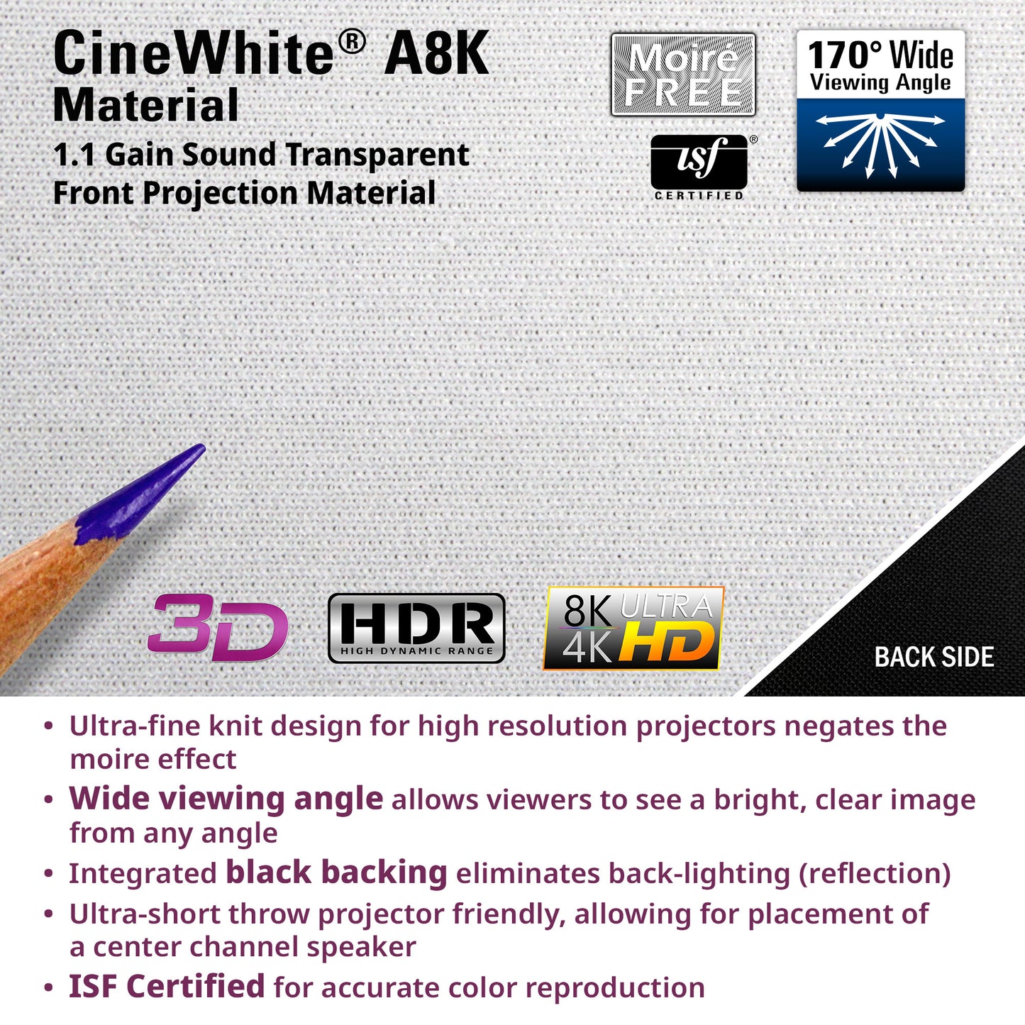 CineWhite A8K material packaging with features and certifications on a gray background