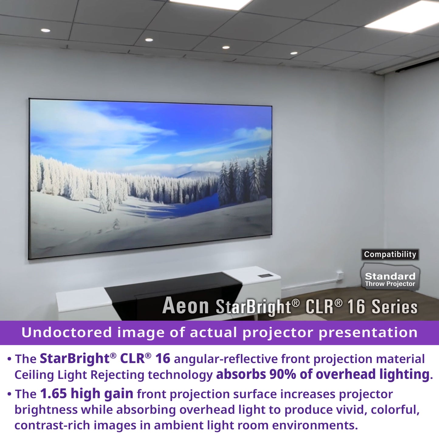 Large screen displaying a snowy landscape with Aeon StarBright CLR 16 Series projector below.