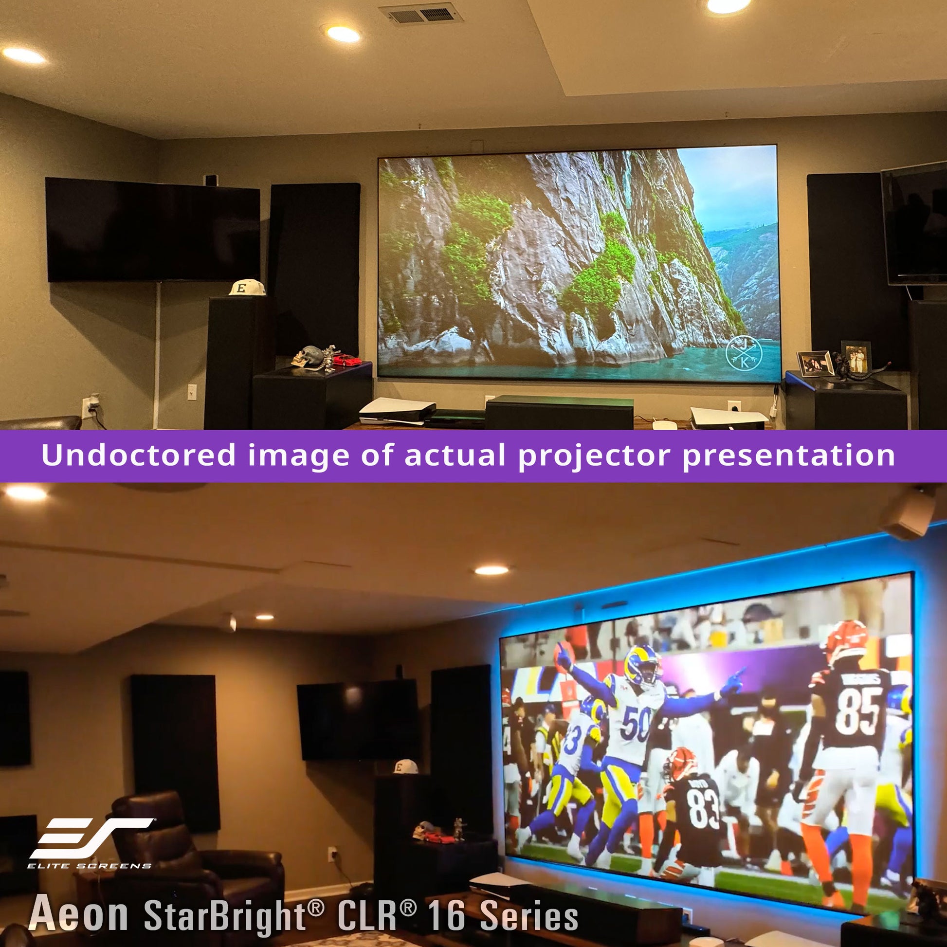 Home theater setup with large screens displaying nature and sports content, featuring Aeon StarBright CLR 16 Series projector.