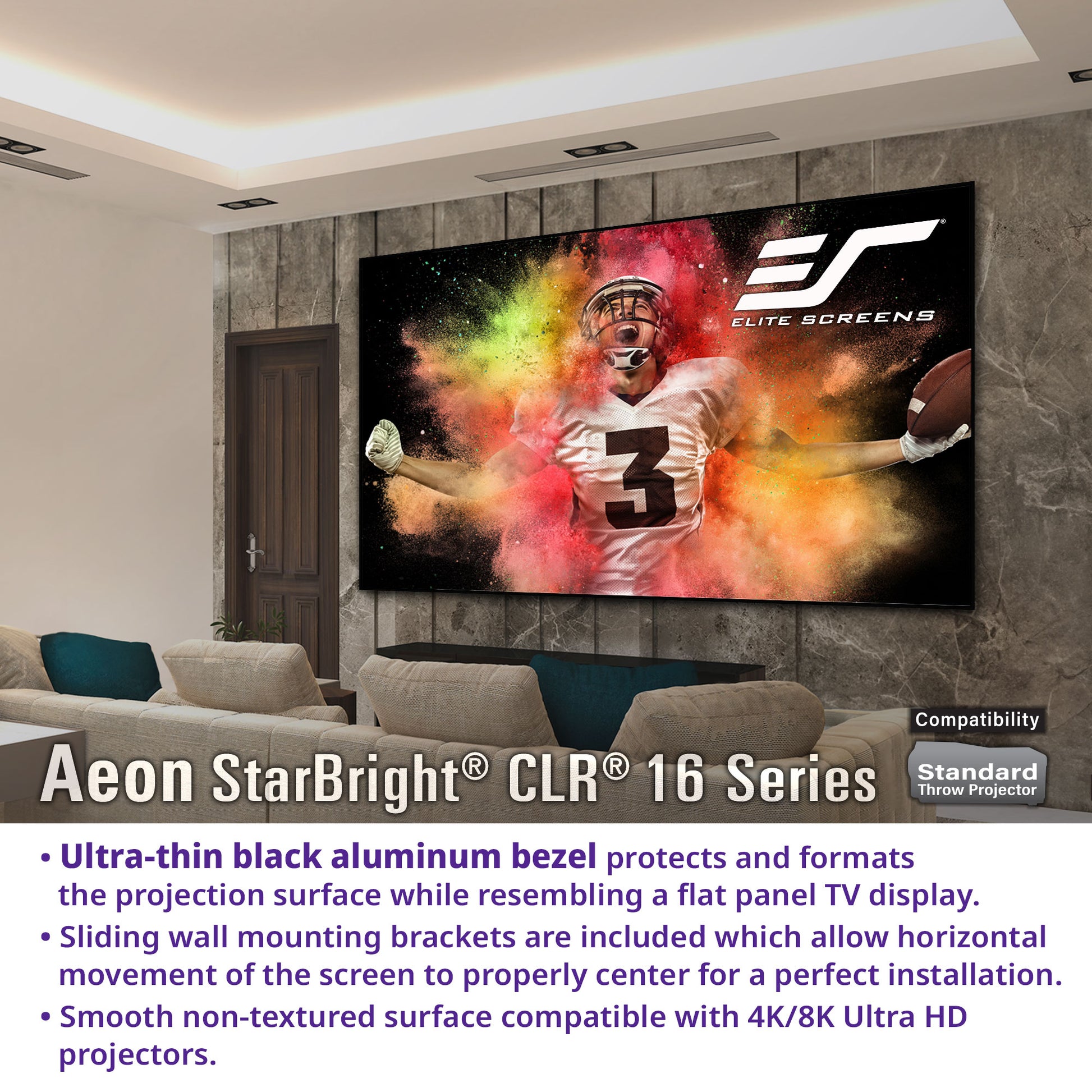 Home theater setup with Elite Screens Aeon StarBright CLR 16 Series projector screen displaying a football player image.