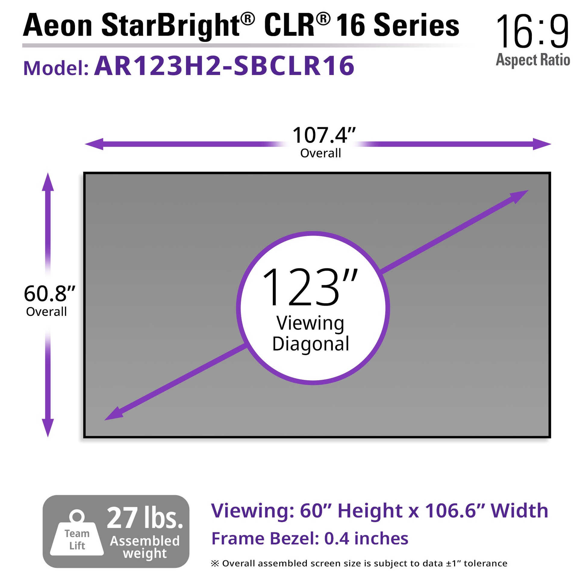 Diagram of Aeon StarBright CLR 16 Series screen with dimensions and specifications.