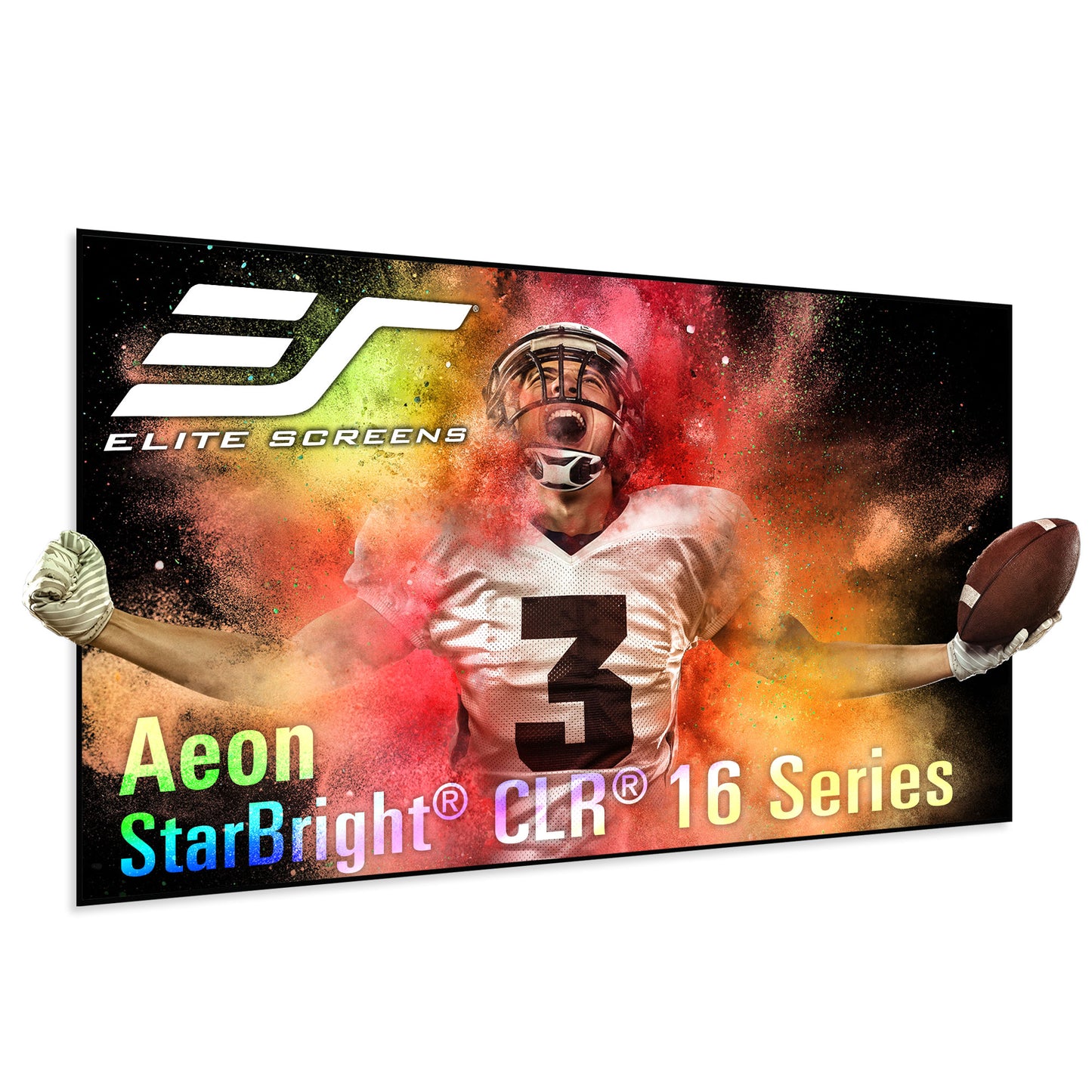 Elite Screens Aeon StarBright CLR 16 Series display with football player graphic