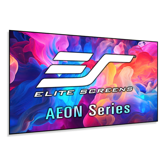 Elite Screens Aeon Series projection screen with colorful abstract design