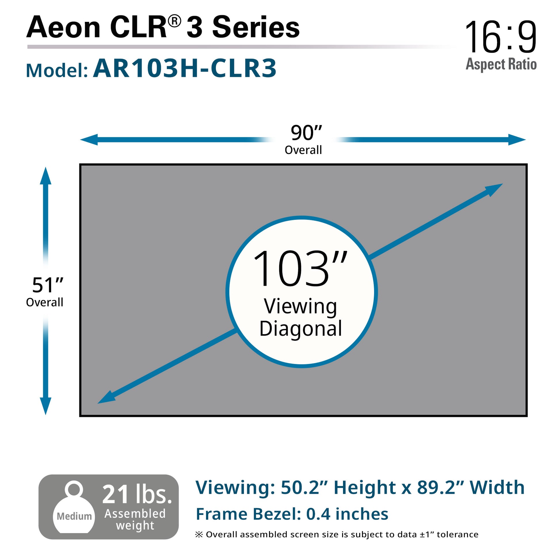 Diagram of Aeon CLR 3 Series screen with dimensions and specifications.