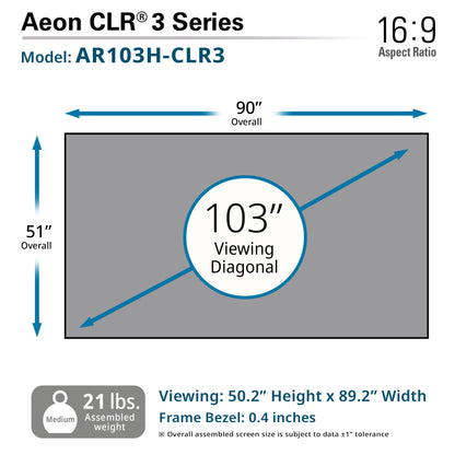 Diagram of Aeon CLR 3 Series screen with dimensions and specifications.