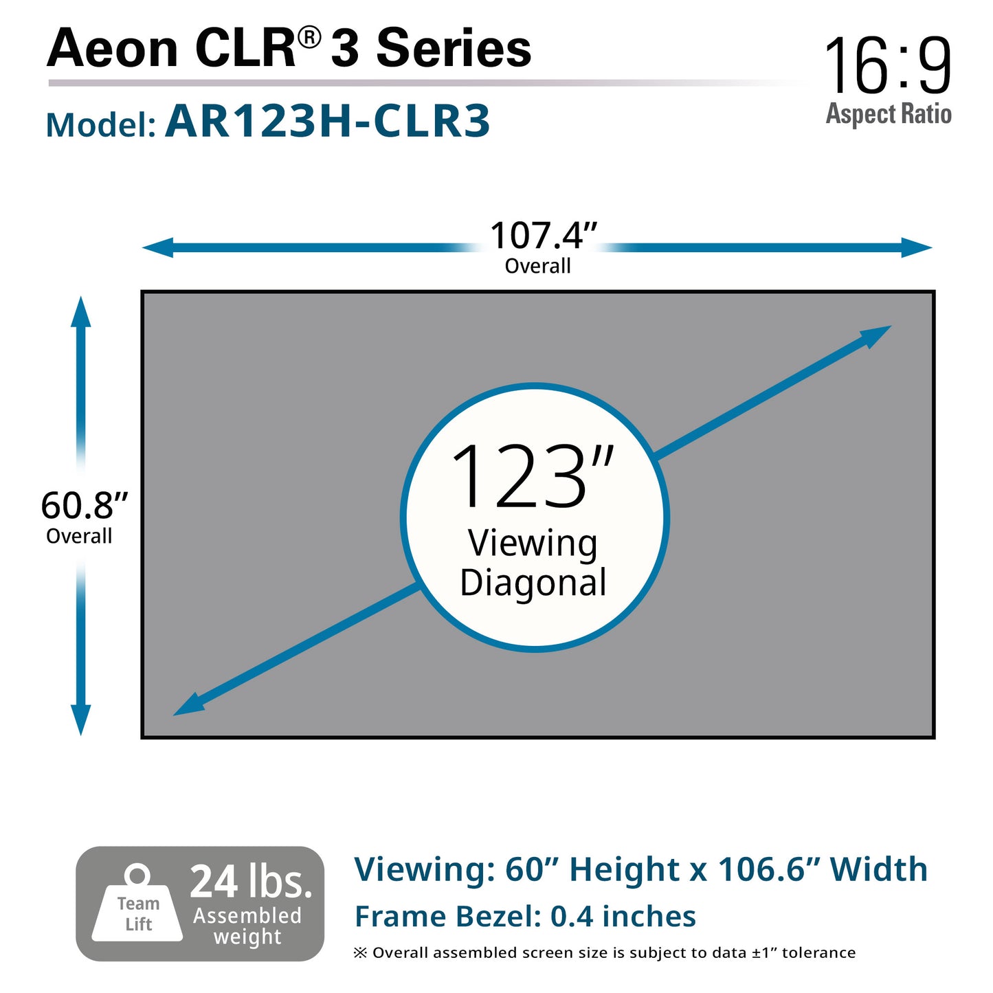 Diagram of a screen with dimensions labeled, featuring the Aeon CLR 3 Series model AR123H-CLR3.