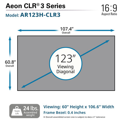 Diagram of a screen with dimensions labeled, featuring the Aeon CLR 3 Series model AR123H-CLR3.