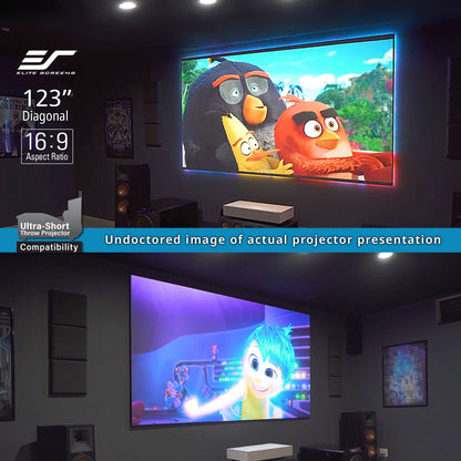 Home theater setup with a large screen displaying animated characters, featuring Elite Screens branding.