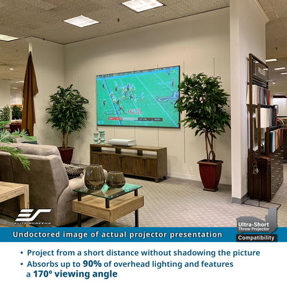 Living room with a large screen displaying a sports game, featuring a projector and its compatibility details.