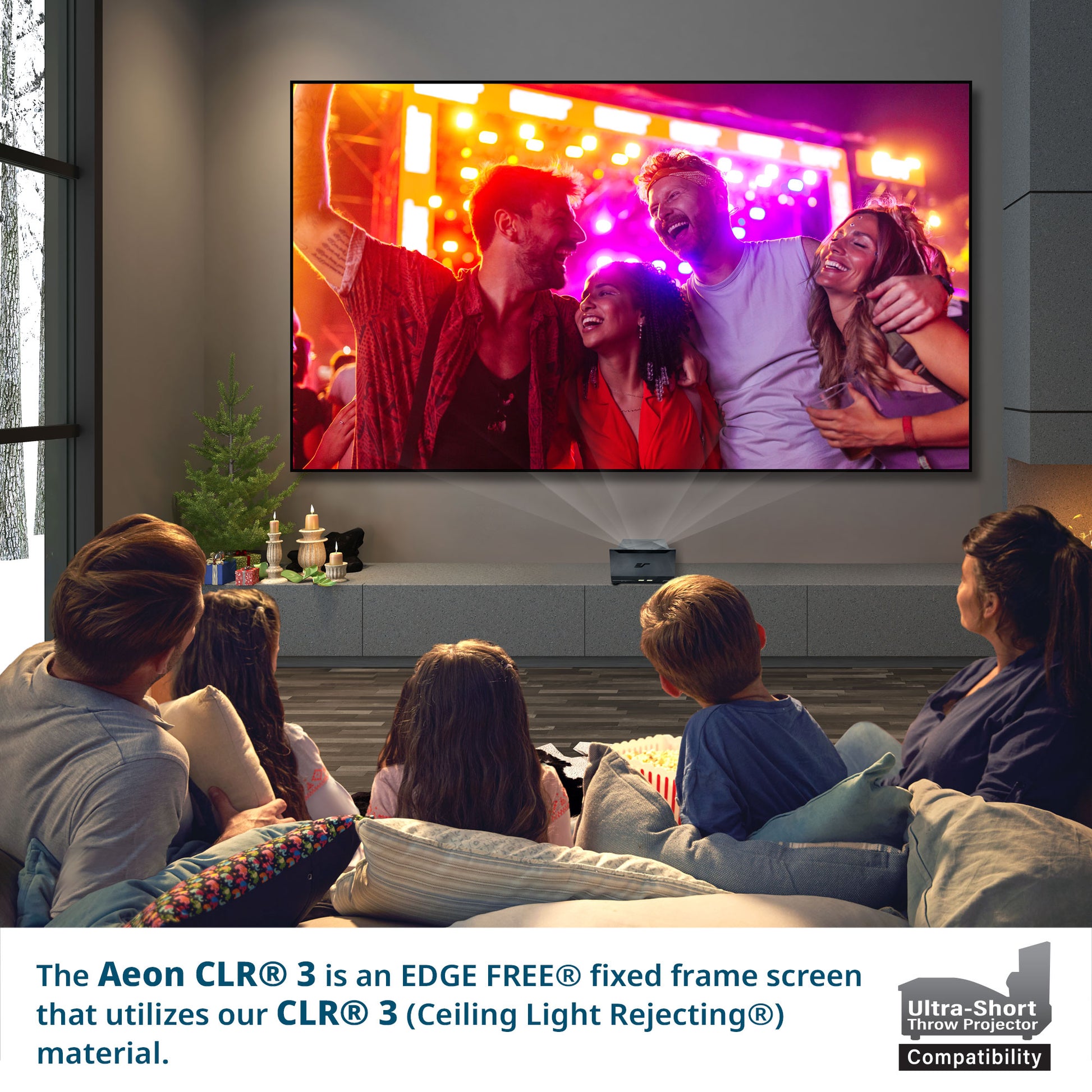People watching a movie on a large screen TV in a living room.