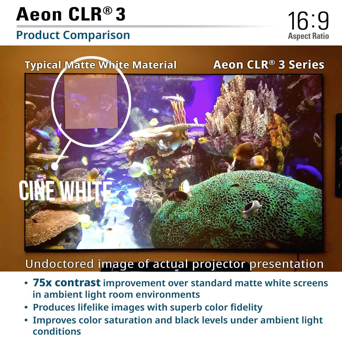 Comparison of Aeon CLR 3 series screen material with typical matte white material in an aquarium setting.