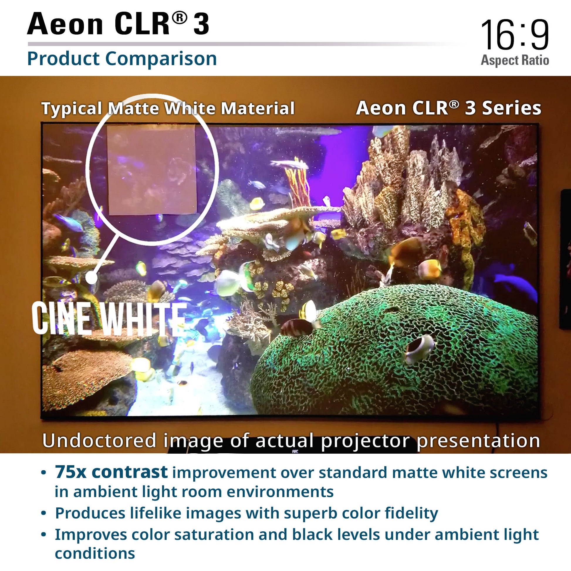 Comparison of Aeon CLR 3 series screen material with typical matte white material in an aquarium setting.