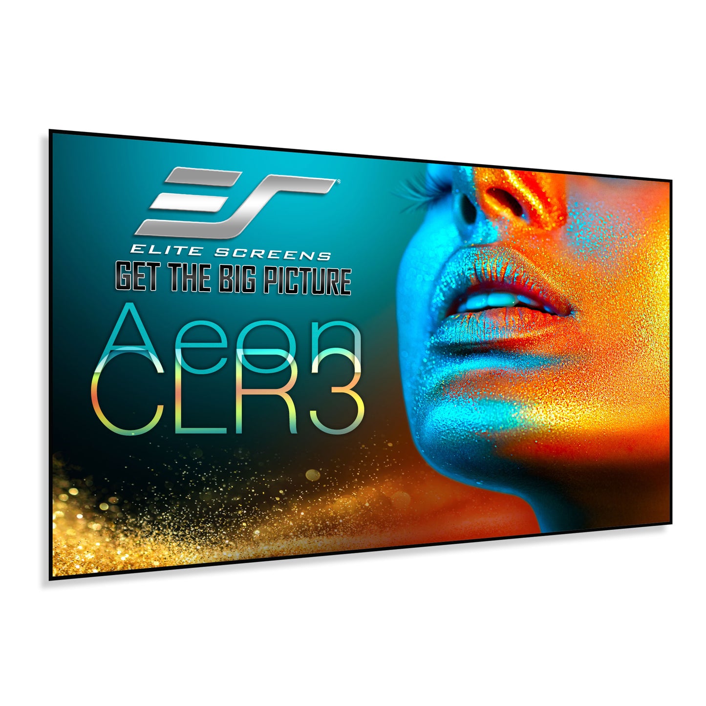Elite Screens Aeon CLR3 display with colorful design and logo on a white background