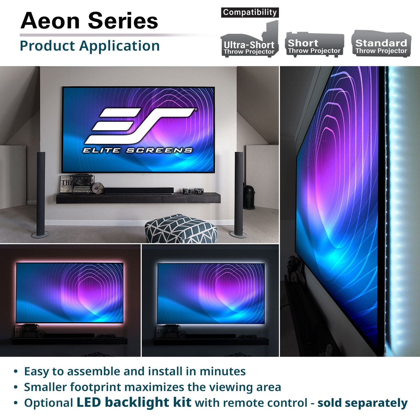 Elite Screens Aeon Series product application with projector and screens in a room setting.