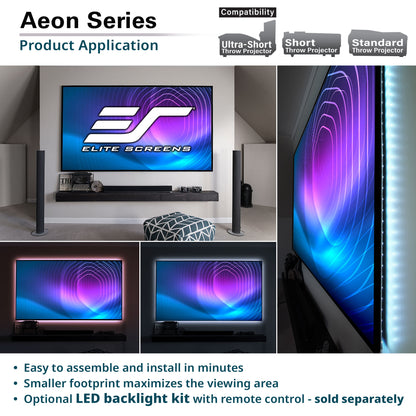 Elite Screens Aeon Series product application with projector and screens in a room setting.