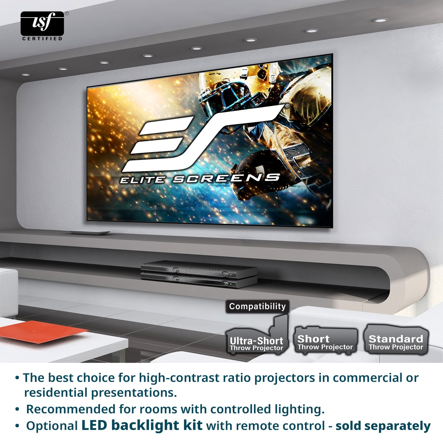 Elite Screens Aeon Series TV mounted on a wall with promotional text about projector compatibility.