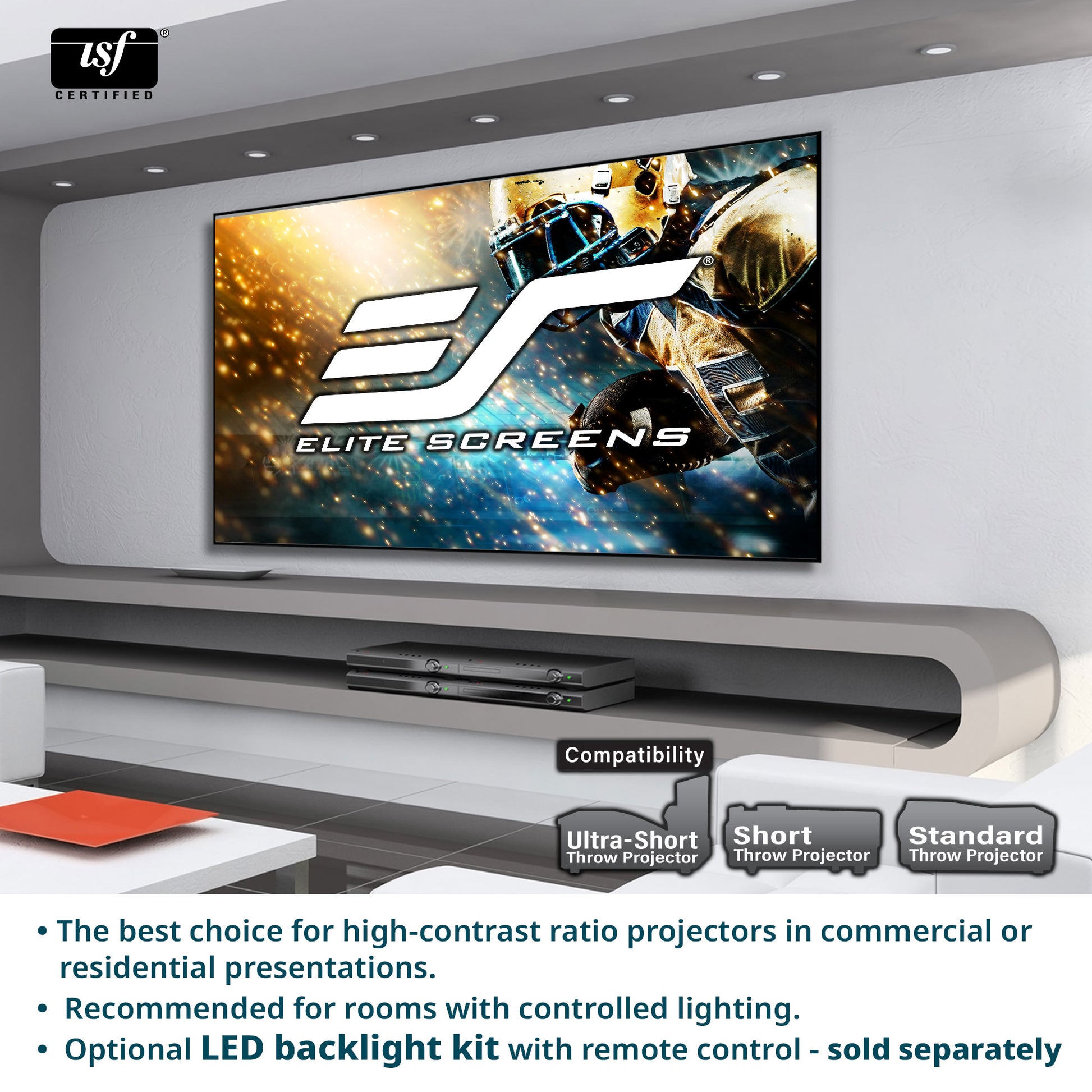 Elite Screens Aeon Series TV mounted on a wall with promotional text about projector compatibility.