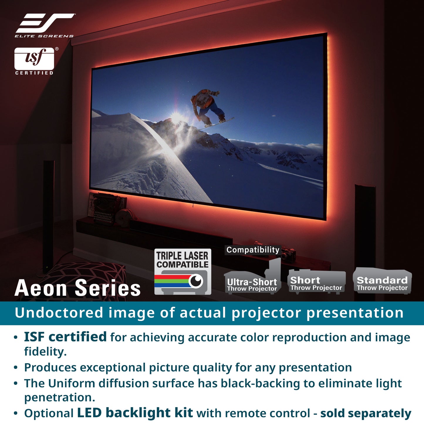 Elite Screens Aeon Series Projector screen with a snowboarding scene on a wall, featuring ISF certification and projector compatibility information.