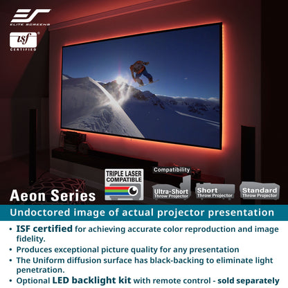 Elite Screens Aeon Series Projector screen with a snowboarding scene on a wall, featuring ISF certification and projector compatibility information.