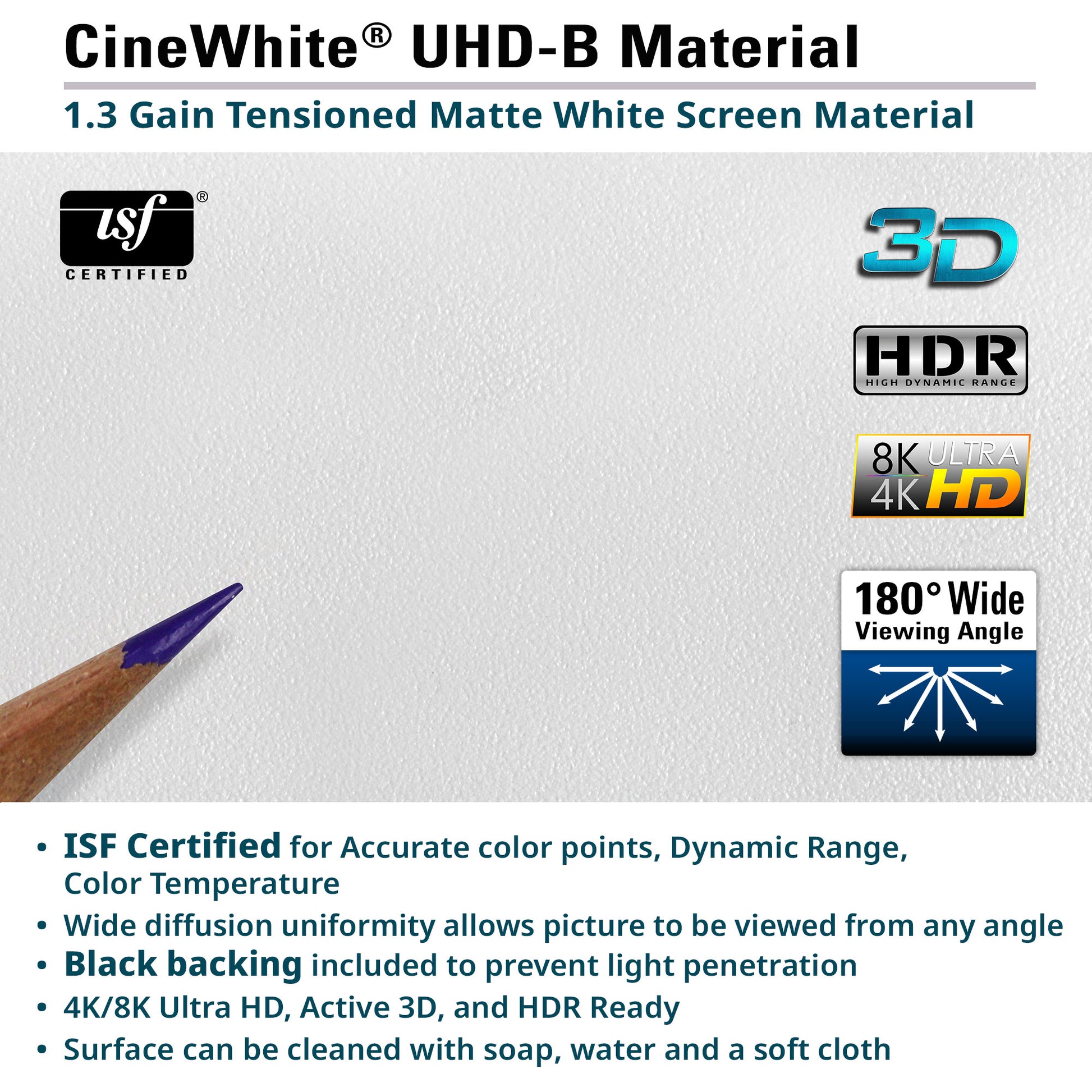 CineWhite UHD-B Material description with certification logos and features on a white background