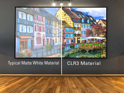 Comparison of two projector screen materials: typical matte white vs. CLR3 for enhanced viewing experience.