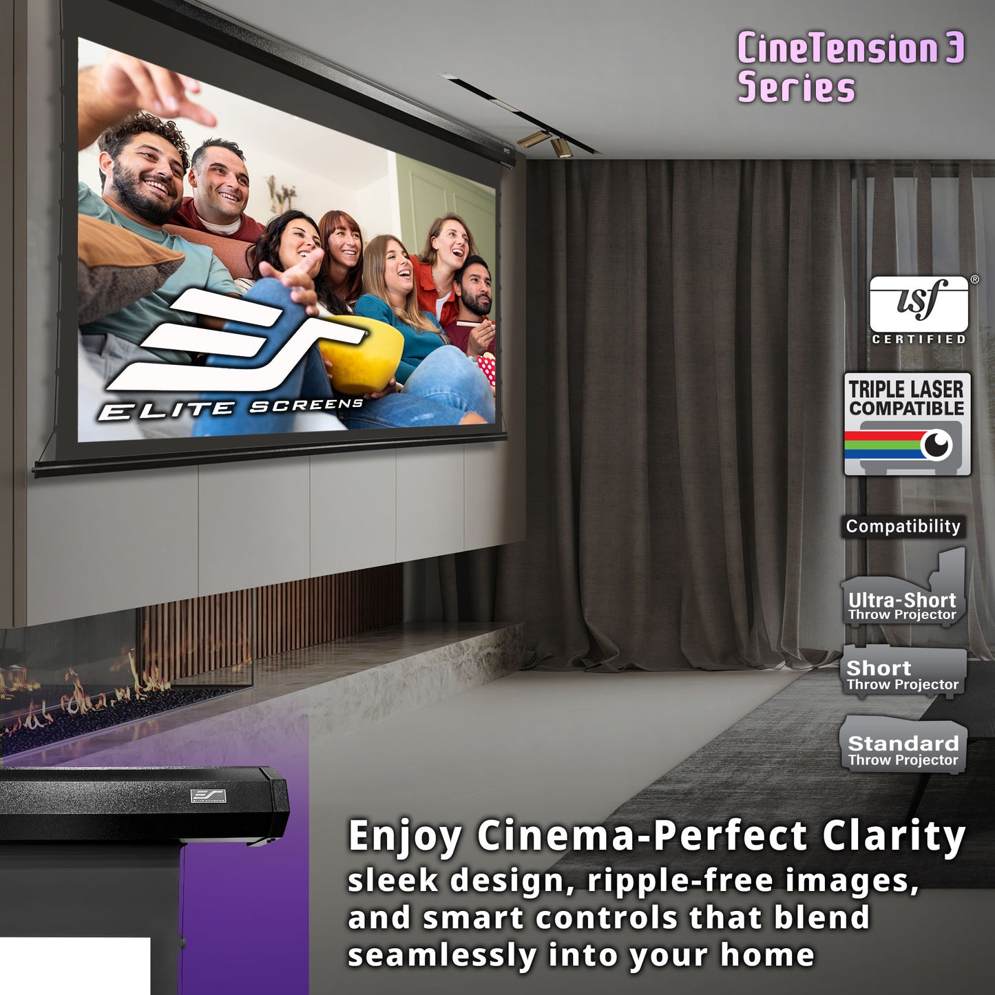 Home theater setup with Elite Screens projector and screen, featuring USF certification and compatibility information.