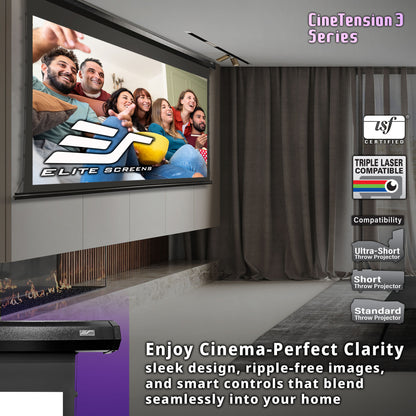 Home theater setup with Elite Screens projector and screen, featuring USF certification and compatibility information.