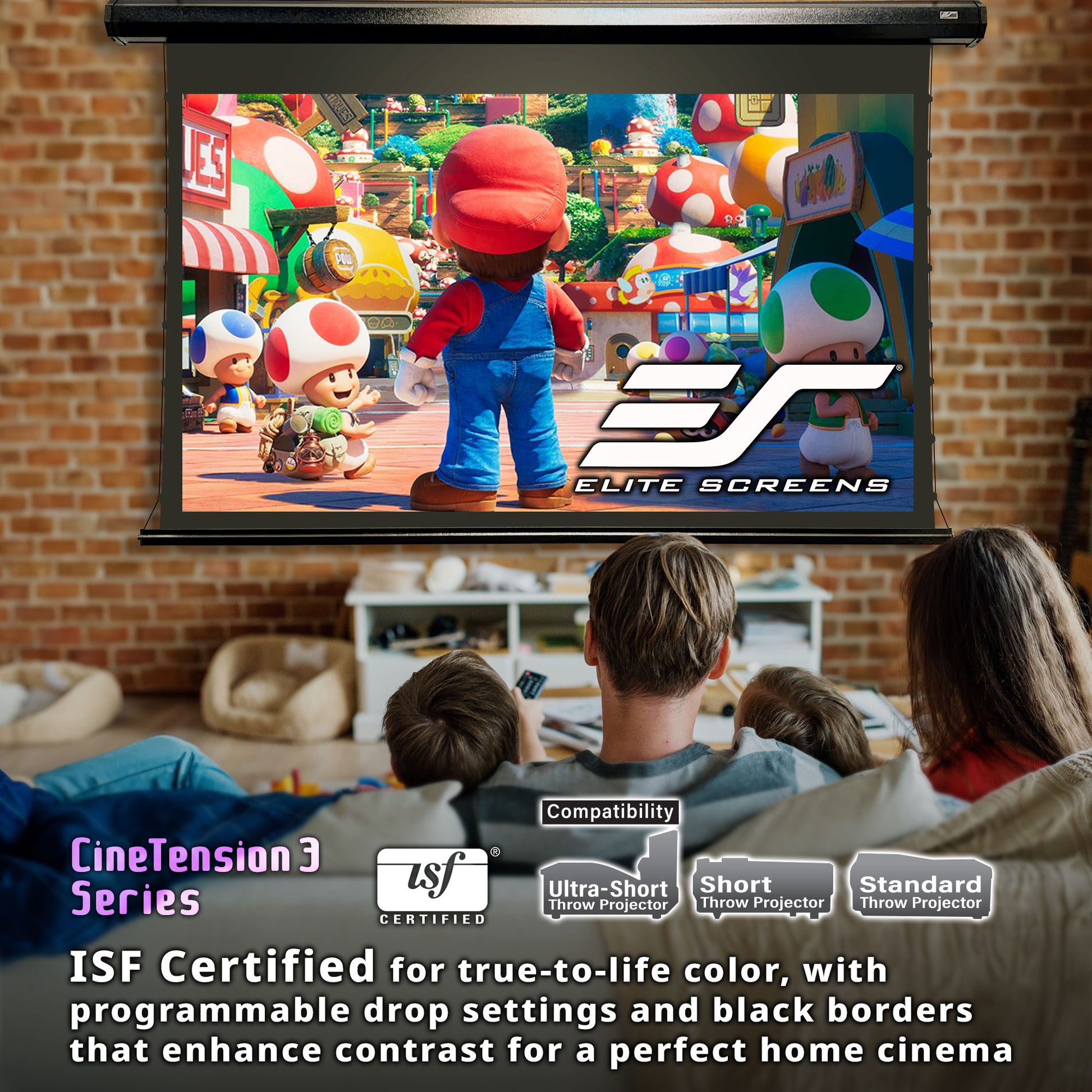 Family watching a colorful animated scene on an Elite Screens projector screen in a home setting.