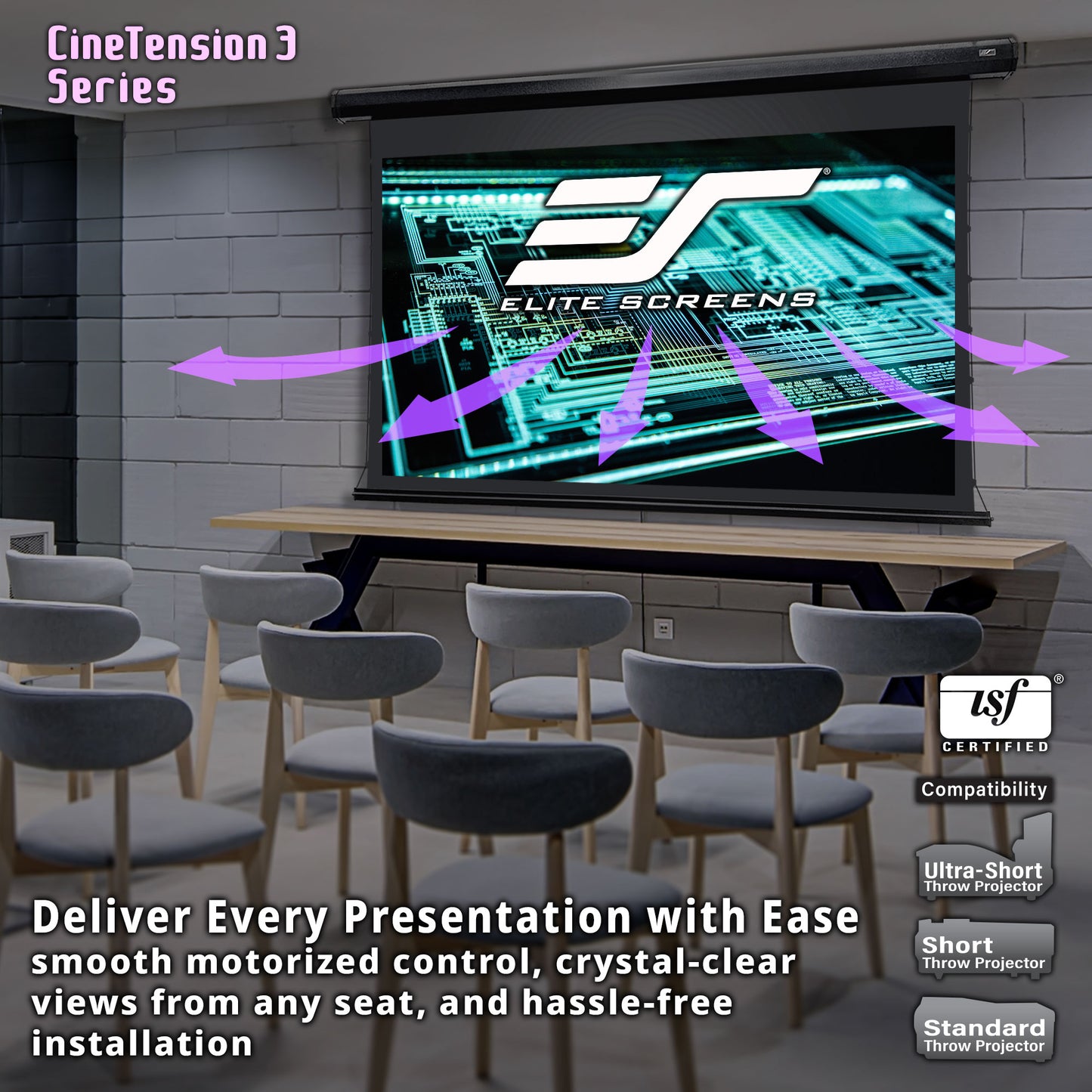 Elite Screens CineTension 3 Series screen in a room with chairs and a projector.