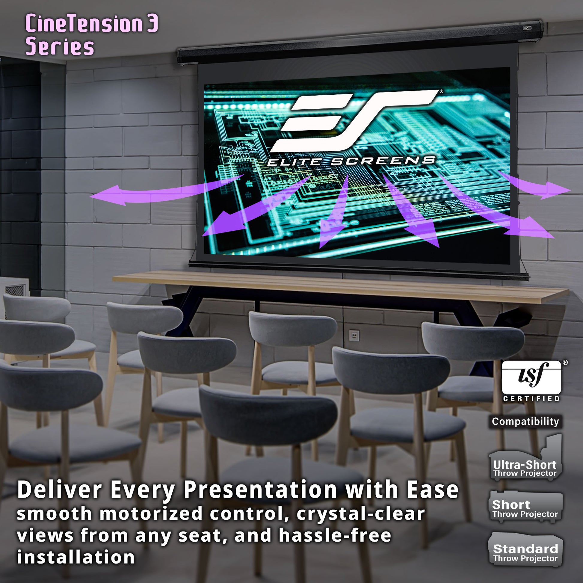 Elite Screens CineTension 3 Series screen in a room with chairs and a projector.