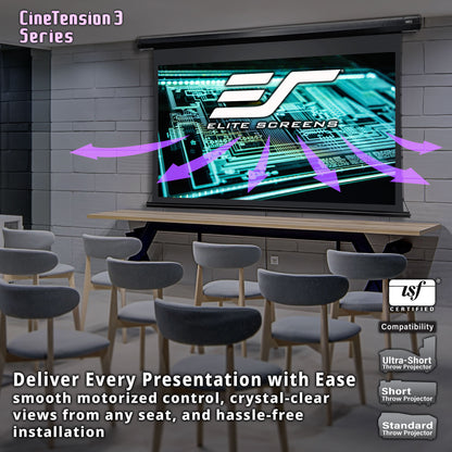 Elite Screens CineTension 3 Series screen in a room with chairs and a projector.
