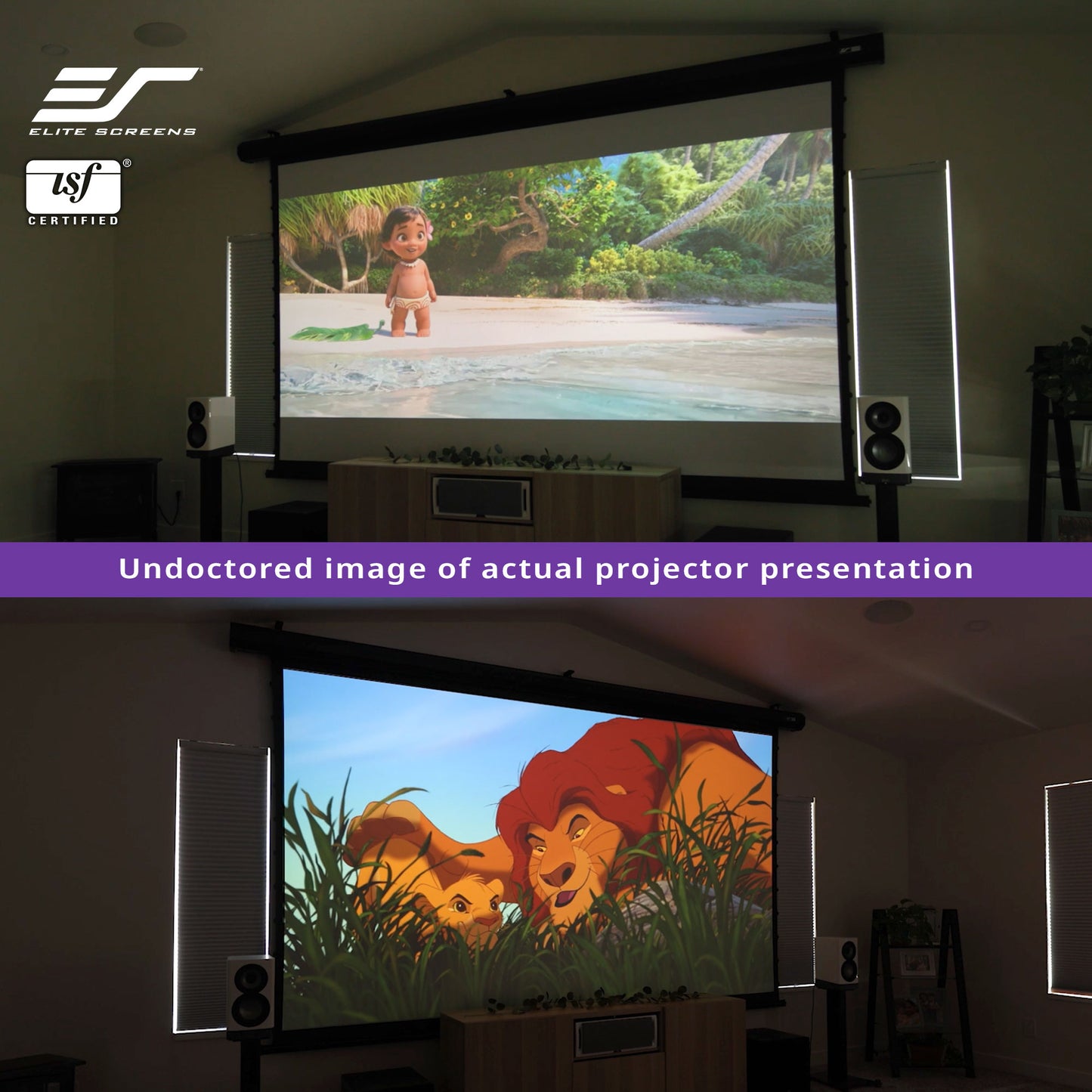 Projector screen displaying animated content in a home theater setup with Elite Screens logo.