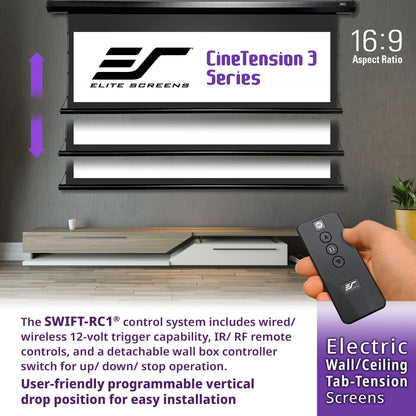 Elite Screens CineTension 3 Series electric wall/ceiling tab-tension screen with remote control