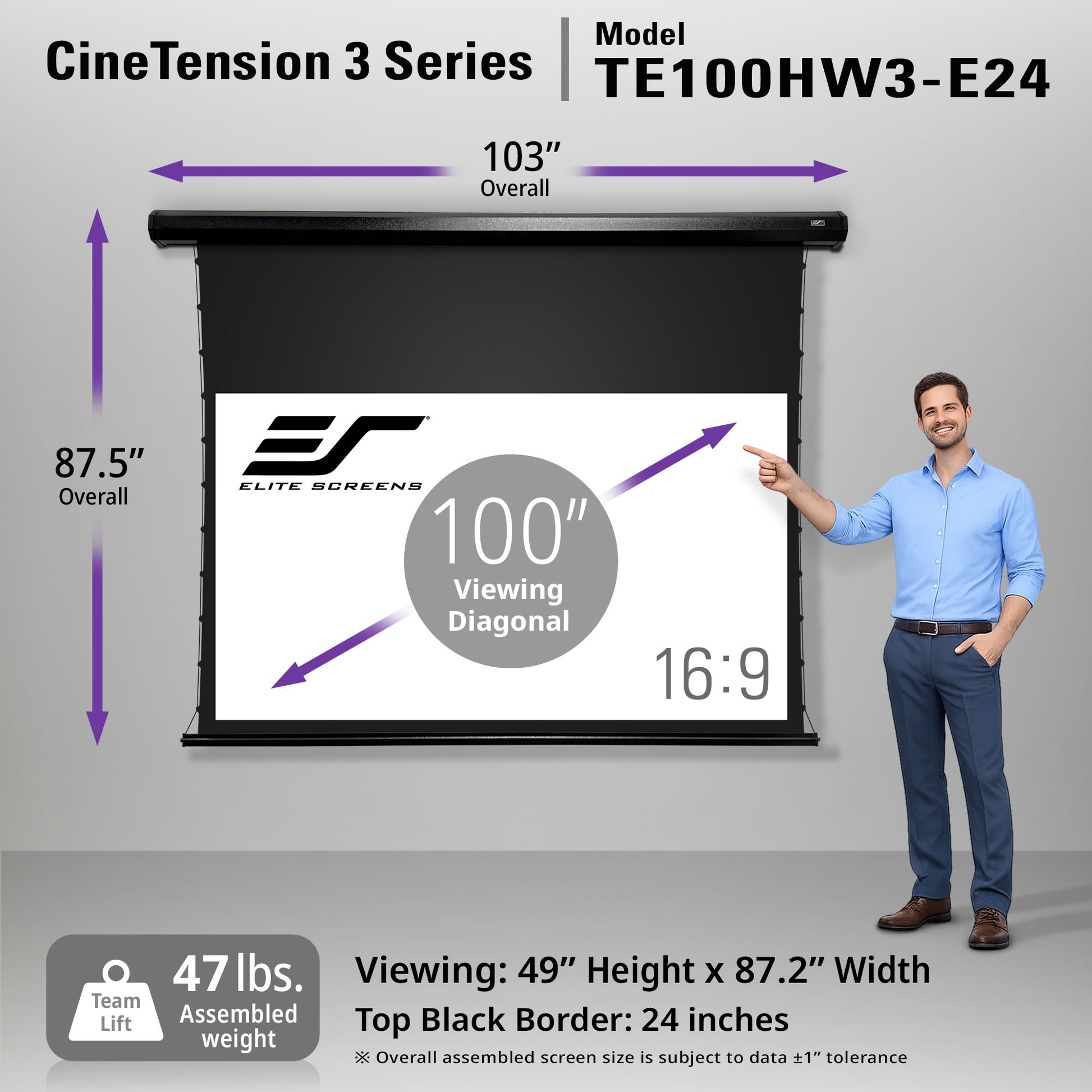Elite Screens CineTension 3 Series projector screen with dimensions and specifications, displayed against a gray background.