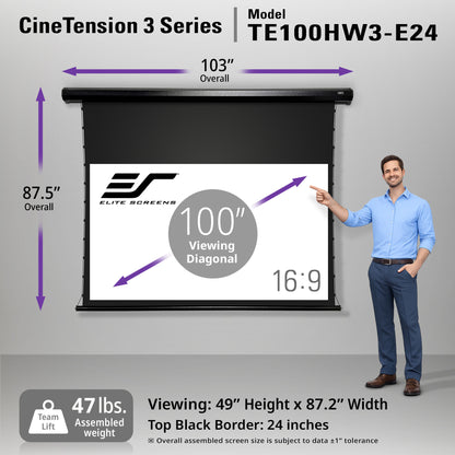 Elite Screens CineTension 3 Series projector screen with dimensions and specifications, displayed against a gray background.