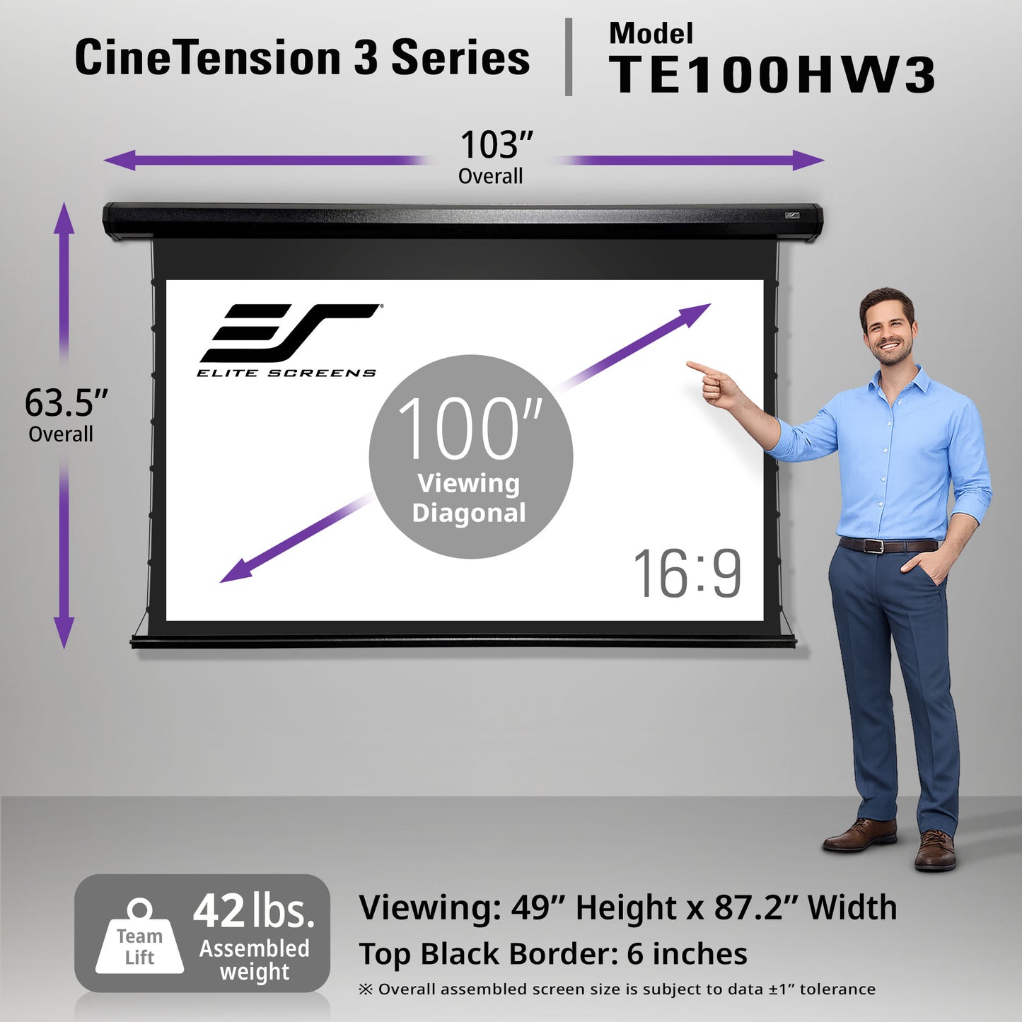 Elite Screens CineTension 3 Series TE100HW3 projector screen with dimensions and features displayed.