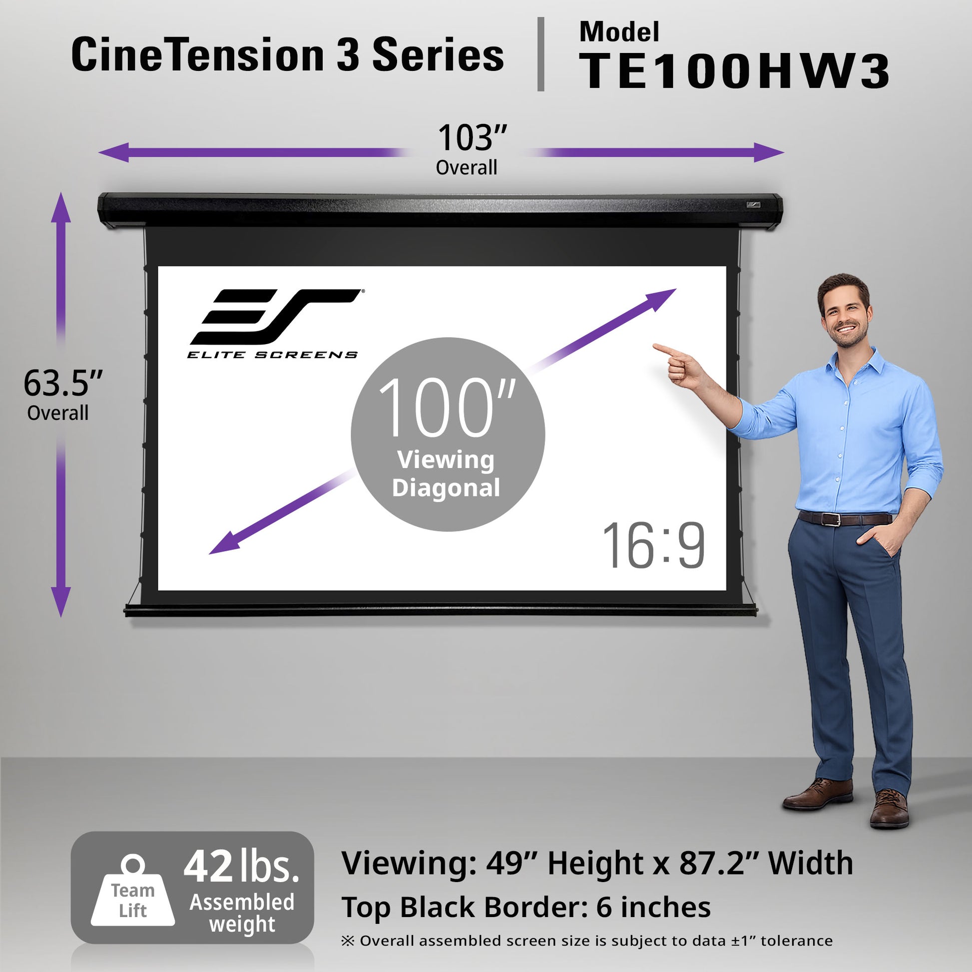 Elite Screens CineTension 3 Series TE100HW3 projector screen with dimensions and features displayed.