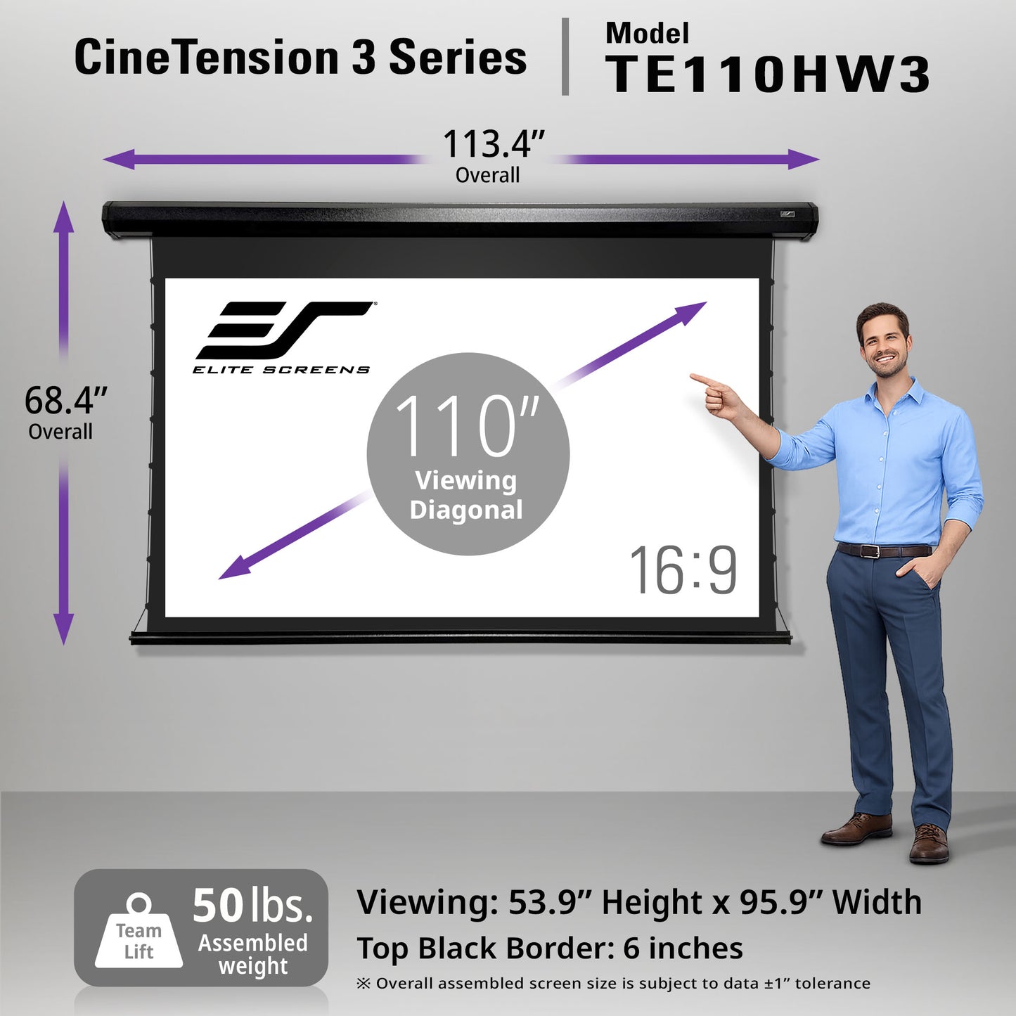 Elite Screens CineTension 3 Series TE110HW3 projector screen with dimensions and features displayed.